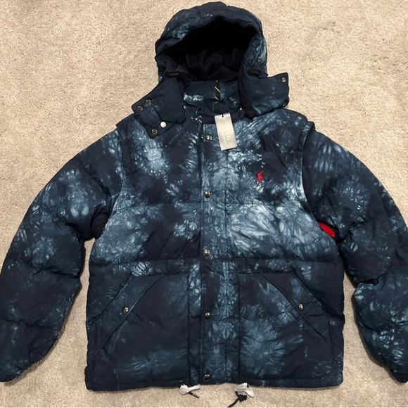🆕Polo Ralph Lauren Boulder Puffer Jacket removable hood/sleeve Navy Tie-Dye M - Picture 6 of 14